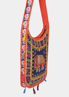 Banjara India Elephant Design Kutchi Mirrorwork Hand Embroidered Shoulder Bag (BAG-OrangeBlue) 3
