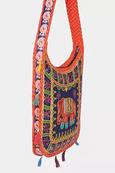 Banjara India Elephant Design Kutchi Mirrorwork Hand Embroidered Shoulder Bag (BAG-OrangeBlue)