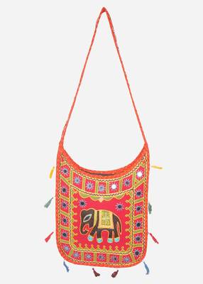Banjara India Elephant Design Kutchi Mirrorwork Hand Embroidered Shoulder Bag (BAG-OrangeRed) 1