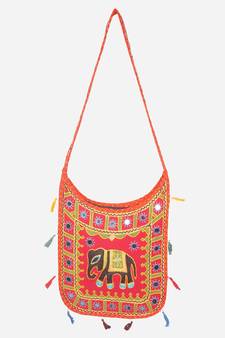 Banjara India Elephant Design Kutchi Mirrorwork Hand Embroidered Shoulder Bag (BAG-OrangeRed)