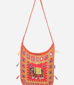 Banjara India Elephant Design Kutchi Mirrorwork Hand Embroidered Shoulder Bag (BAG-OrangeRed)