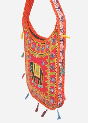 Banjara India Elephant Design Kutchi Mirrorwork Hand Embroidered Shoulder Bag (BAG-OrangeRed) 2