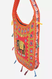 Banjara India Elephant Design Kutchi Mirrorwork Hand Embroidered Shoulder Bag (BAG-OrangeRed)