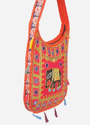 Banjara India Elephant Design Kutchi Mirrorwork Hand Embroidered Shoulder Bag (BAG-OrangeRed) 3