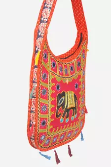 Banjara India Elephant Design Kutchi Mirrorwork Hand Embroidered Shoulder Bag (BAG-OrangeRed)