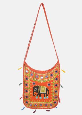 Banjara India Elephant Design Kutchi Mirrorwork Hand Embroidered Shoulder Bag (BAG-OrangeOrange) 1