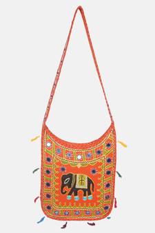 Banjara India Elephant Design Kutchi Mirrorwork Hand Embroidered Shoulder Bag (BAG-OrangeOrange)