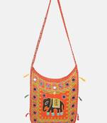 Banjara India Elephant Design Kutchi Mirrorwork Hand Embroidered Shoulder Bag (BAG-OrangeOrange)