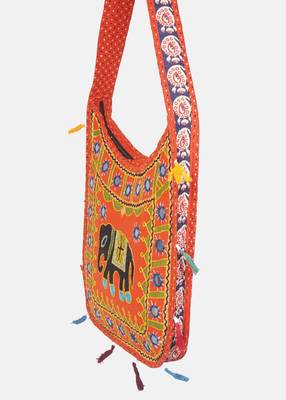 Banjara India Elephant Design Kutchi Mirrorwork Hand Embroidered Shoulder Bag (BAG-OrangeOrange) 2