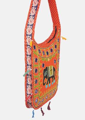 Banjara India Elephant Design Kutchi Mirrorwork Hand Embroidered Shoulder Bag (BAG-OrangeOrange) 3