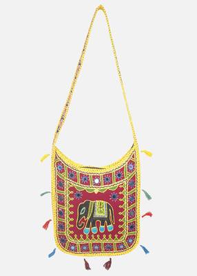 Banjara India Elephant Design Kutchi Mirrorwork Hand Embroidered Shoulder Bag (BAG-YellowMaroon) 1