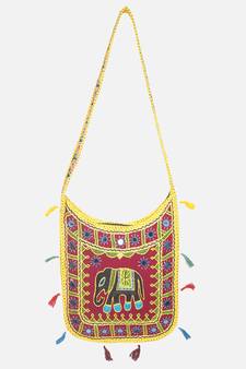 Banjara India Elephant Design Kutchi Mirrorwork Hand Embroidered Shoulder Bag (BAG-YellowMaroon)