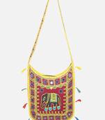 Banjara India Elephant Design Kutchi Mirrorwork Hand Embroidered Shoulder Bag (BAG-YellowMaroon)