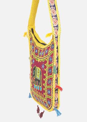 Banjara India Elephant Design Kutchi Mirrorwork Hand Embroidered Shoulder Bag (BAG-YellowMaroon) 2