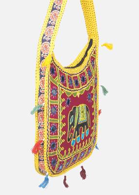 Banjara India Elephant Design Kutchi Mirrorwork Hand Embroidered Shoulder Bag (BAG-YellowMaroon) 3