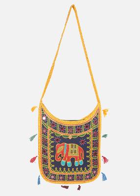 Banjara India Elephant Design Kutchi Mirrorwork Hand Embroidered Shoulder Bag (BAG-YellowBlue) 1