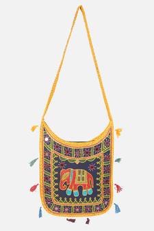 Banjara India Elephant Design Kutchi Mirrorwork Hand Embroidered Shoulder Bag (BAG-YellowBlue)