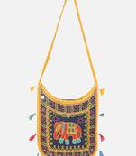 Banjara India Elephant Design Kutchi Mirrorwork Hand Embroidered Shoulder Bag (BAG-YellowBlue)