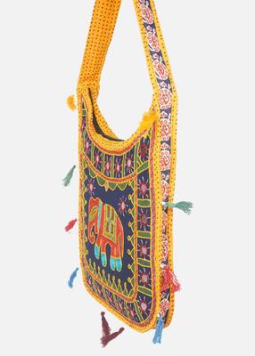Banjara India Elephant Design Kutchi Mirrorwork Hand Embroidered Shoulder Bag (BAG-YellowBlue) 2