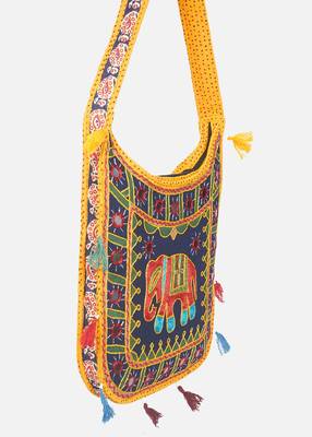 Banjara India Elephant Design Kutchi Mirrorwork Hand Embroidered Shoulder Bag (BAG-YellowBlue) 3