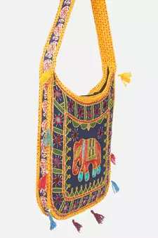 Banjara India Elephant Design Kutchi Mirrorwork Hand Embroidered Shoulder Bag (BAG-YellowBlue)