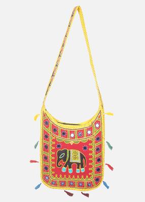 Banjara India Elephant Design Kutchi Mirrorwork Hand Embroidered Shoulder Bag (BAG-YellowRed) 1