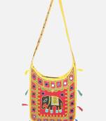 Banjara India Elephant Design Kutchi Mirrorwork Hand Embroidered Shoulder Bag (BAG-YellowRed)