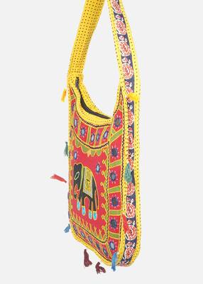 Banjara India Elephant Design Kutchi Mirrorwork Hand Embroidered Shoulder Bag (BAG-YellowRed) 2