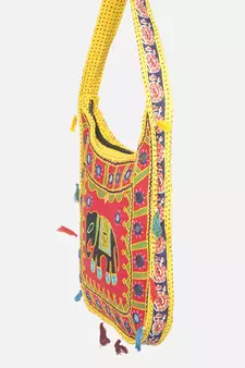 Banjara India Elephant Design Kutchi Mirrorwork Hand Embroidered Shoulder Bag (BAG-YellowRed)