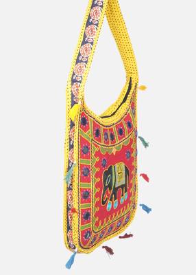 Banjara India Elephant Design Kutchi Mirrorwork Hand Embroidered Shoulder Bag (BAG-YellowRed) 3
