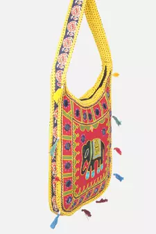 Banjara India Elephant Design Kutchi Mirrorwork Hand Embroidered Shoulder Bag (BAG-YellowRed)