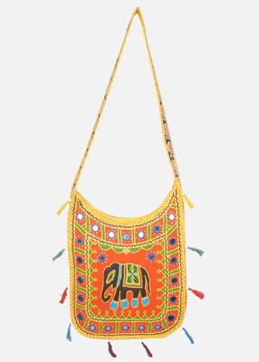 Banjara India Elephant Design Kutchi Mirrorwork Hand Embroidered Shoulder Bag (BAG-YellowOrange) 1