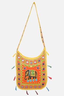 Banjara India Elephant Design Kutchi Mirrorwork Hand Embroidered Shoulder Bag (BAG-YellowOrange)