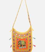 Banjara India Elephant Design Kutchi Mirrorwork Hand Embroidered Shoulder Bag (BAG-YellowOrange)