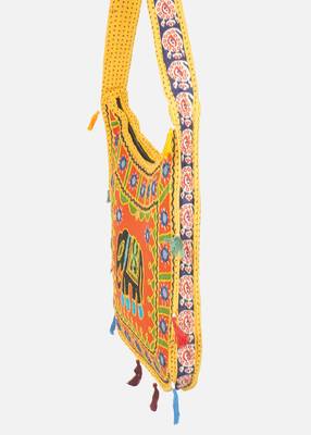 Banjara India Elephant Design Kutchi Mirrorwork Hand Embroidered Shoulder Bag (BAG-YellowOrange) 2