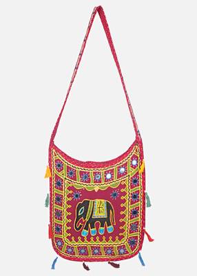 Banjara India Elephant Design Kutchi Mirrorwork Hand Embroidered Shoulder Bag (BAG-RedMaroon) 1