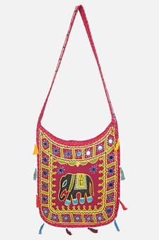 Banjara India Elephant Design Kutchi Mirrorwork Hand Embroidered Shoulder Bag (BAG-RedMaroon)