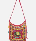 Banjara India Elephant Design Kutchi Mirrorwork Hand Embroidered Shoulder Bag (BAG-RedMaroon)