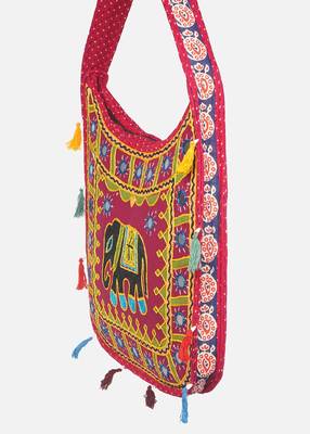 Banjara India Elephant Design Kutchi Mirrorwork Hand Embroidered Shoulder Bag (BAG-RedMaroon) 2