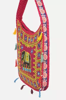 Banjara India Elephant Design Kutchi Mirrorwork Hand Embroidered Shoulder Bag (BAG-RedMaroon)