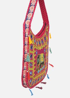 Banjara India Elephant Design Kutchi Mirrorwork Hand Embroidered Shoulder Bag (BAG-RedMaroon) 3