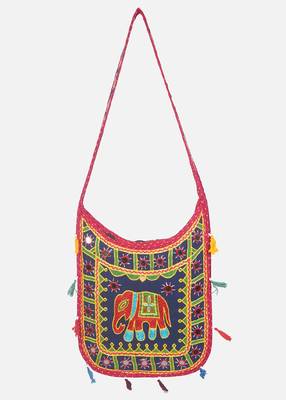 Banjara India Elephant Design Kutchi Mirrorwork Hand Embroidered Shoulder Bag (BAG-RedBlue) 1
