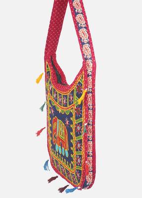 Banjara India Elephant Design Kutchi Mirrorwork Hand Embroidered Shoulder Bag (BAG-RedBlue) 2