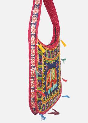 Banjara India Elephant Design Kutchi Mirrorwork Hand Embroidered Shoulder Bag (BAG-RedBlue) 3