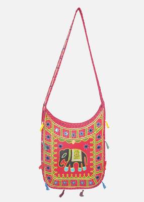 Banjara India Elephant Design Kutchi Mirrorwork Hand Embroidered Shoulder Bag (BAG-RedRed) 1