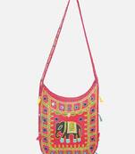 Banjara India Elephant Design Kutchi Mirrorwork Hand Embroidered Shoulder Bag (BAG-RedRed)