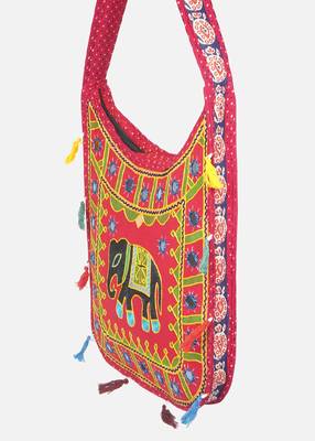 Banjara India Elephant Design Kutchi Mirrorwork Hand Embroidered Shoulder Bag (BAG-RedRed) 2