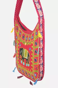 Banjara India Elephant Design Kutchi Mirrorwork Hand Embroidered Shoulder Bag (BAG-RedRed)
