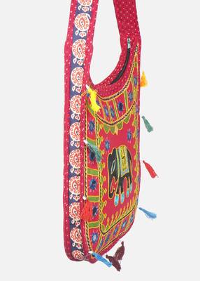 Banjara India Elephant Design Kutchi Mirrorwork Hand Embroidered Shoulder Bag (BAG-RedRed) 3