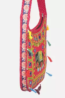 Banjara India Elephant Design Kutchi Mirrorwork Hand Embroidered Shoulder Bag (BAG-RedRed)